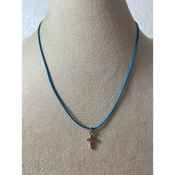 Handmade Jewelry - Silver Tone Cross Pendant Necklace on Blue Cord